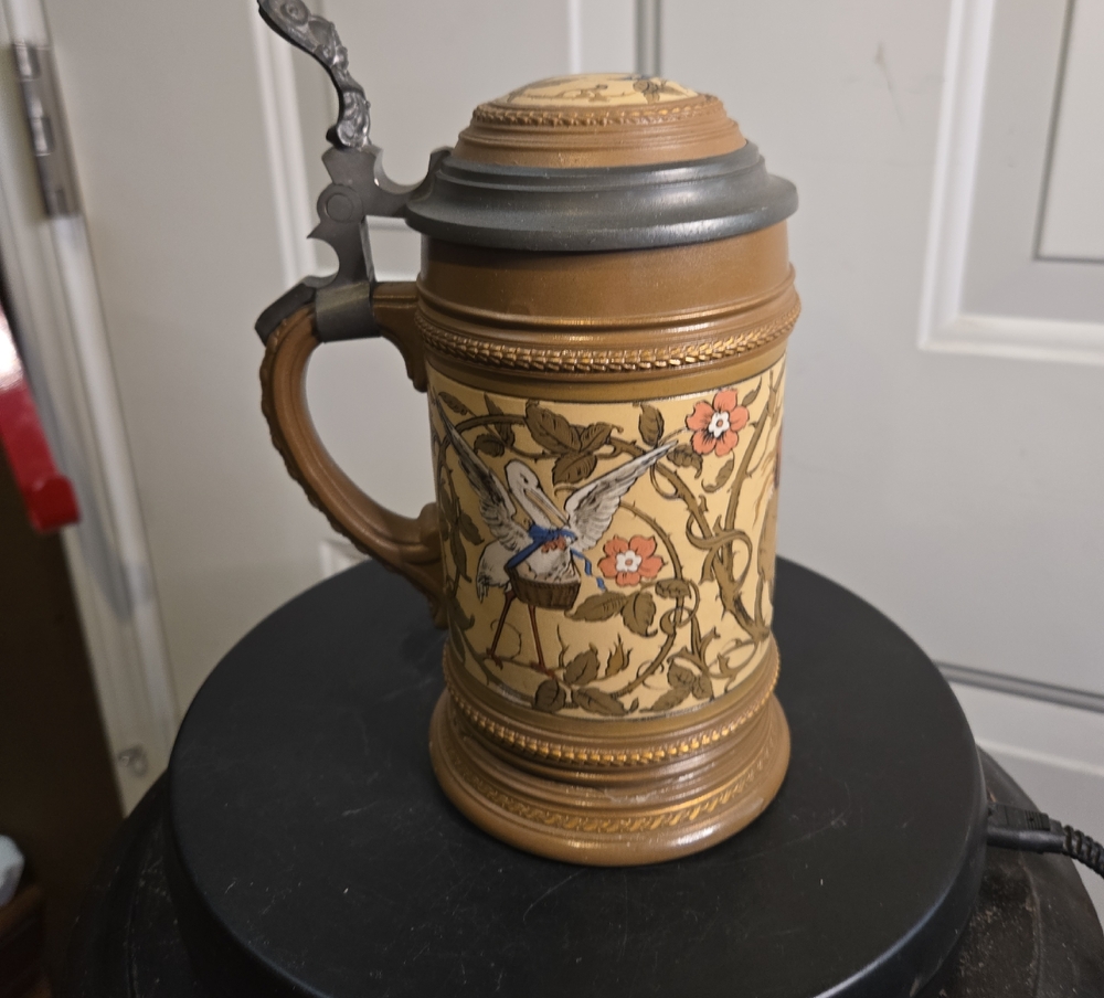 Antique V&B Mettlach Beer Stein Etched #1968 Storks & Young Lovers c.1890